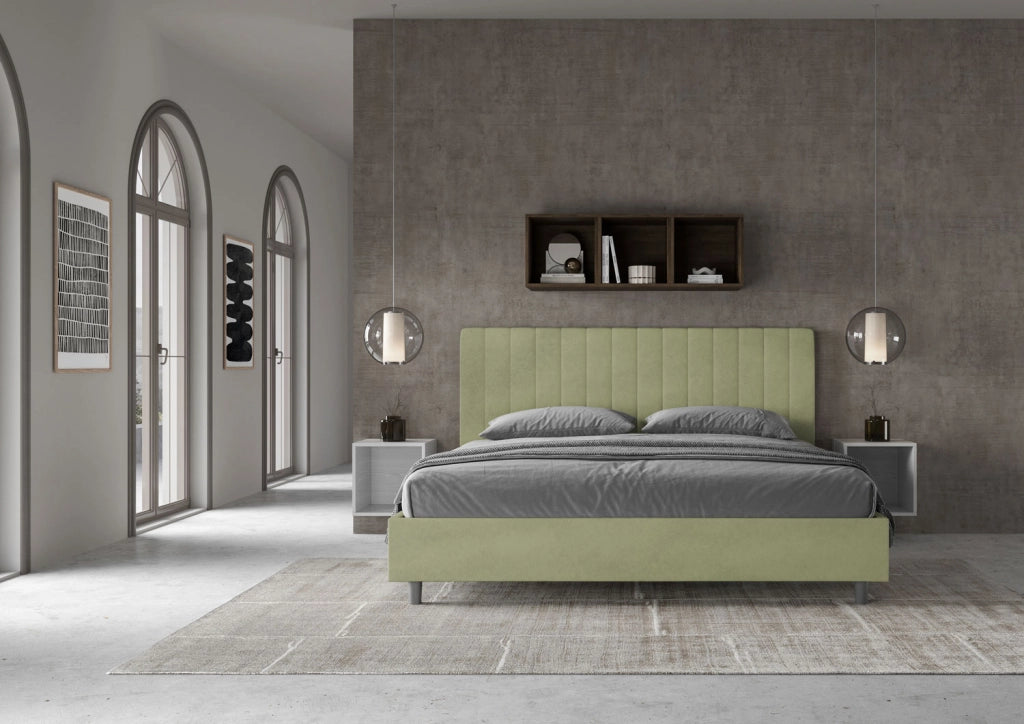 BS COM Letto matrimoniale king size contenitore imbottito 190x210 microfibra tè verde