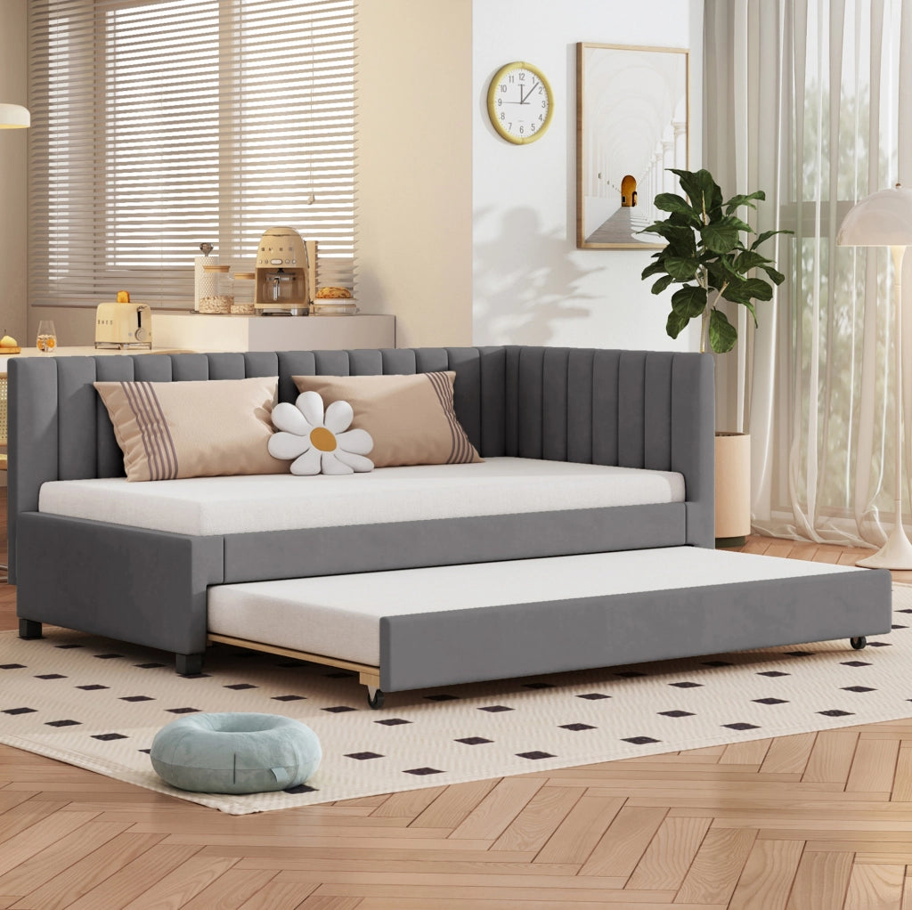 Divano letto imbottito con letto estraibile 90x200 cm; rivestimento effetto velluto grigio