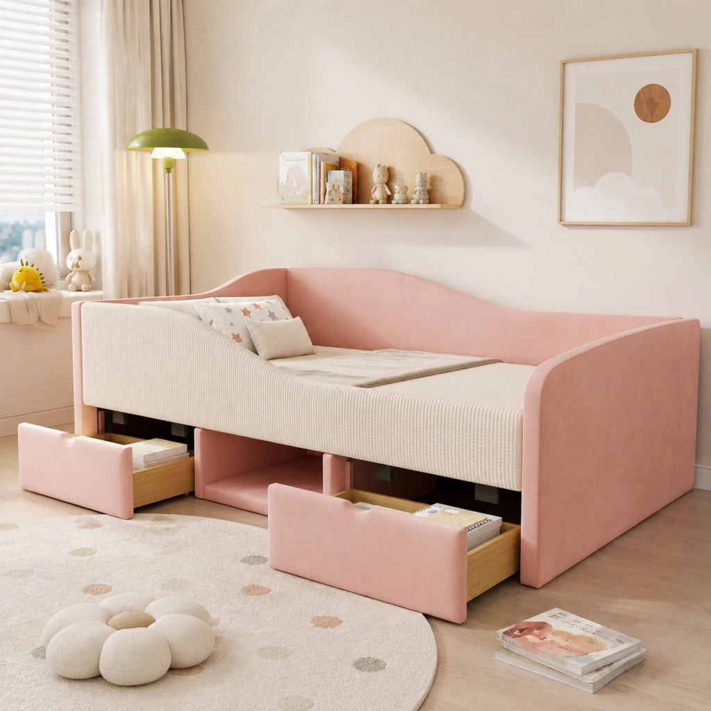 LETTO imbottito 90x190 cm in velluto rosa e bianco con sponde di sicurezza
