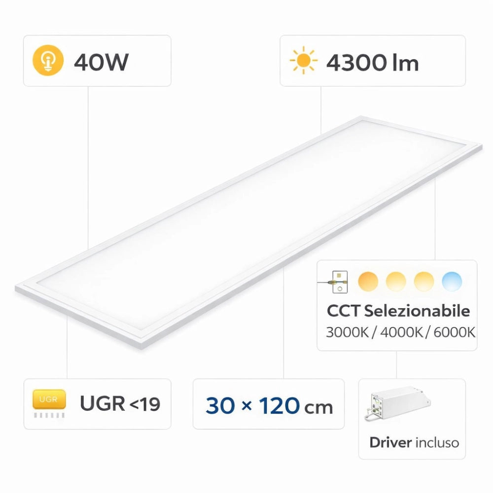 Pannello led da incasso 30x120 cm cct selezionabile 40w 4300lm