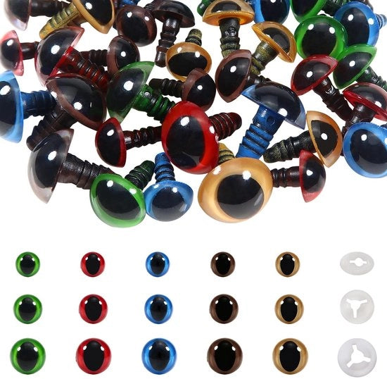 Occhi sicuri 50 pezzi - 10 mm/12 mm/15 mm - Chiavette di chiusura - Plastica - Amigurumi - Adatto per bambole/animali di peluche - Occhi per bambole