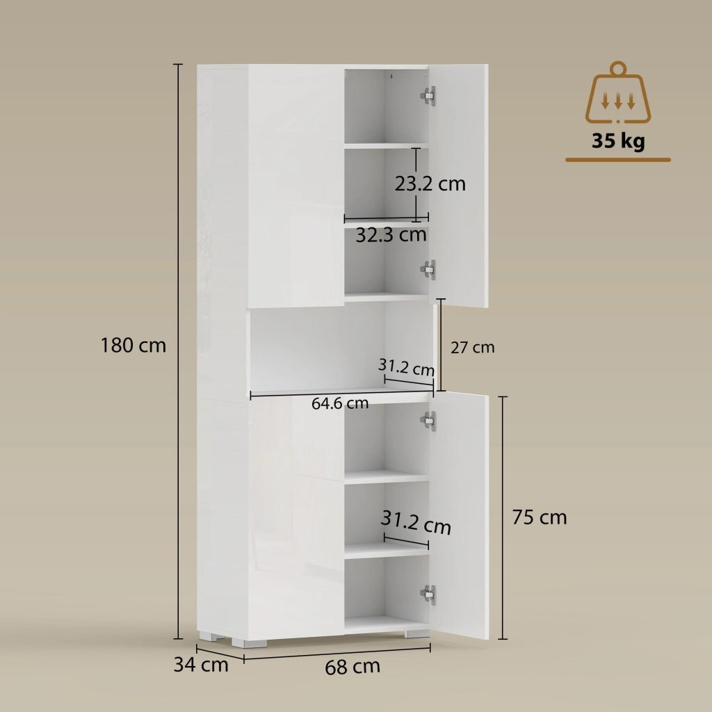 Credenza da Cucina Alta 68x34x180 cm Mobile Dispensa con Ante Soft-Close in MDF Bianco Lucido