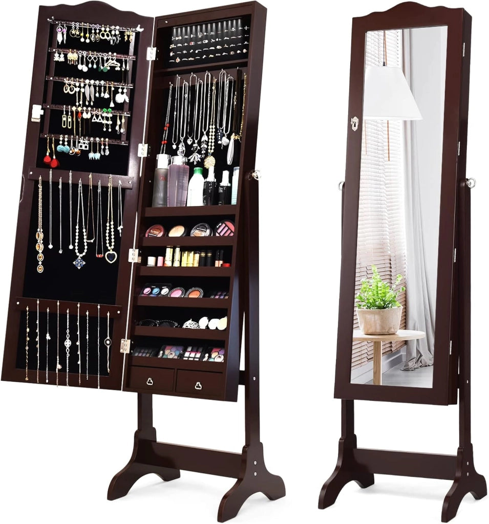 Armadietto Portagioie Specchiera per Gioielli con Chiave e Luci LED, Specchio Figura Intera da Terra, 160x41,5x37cm (Marrone)