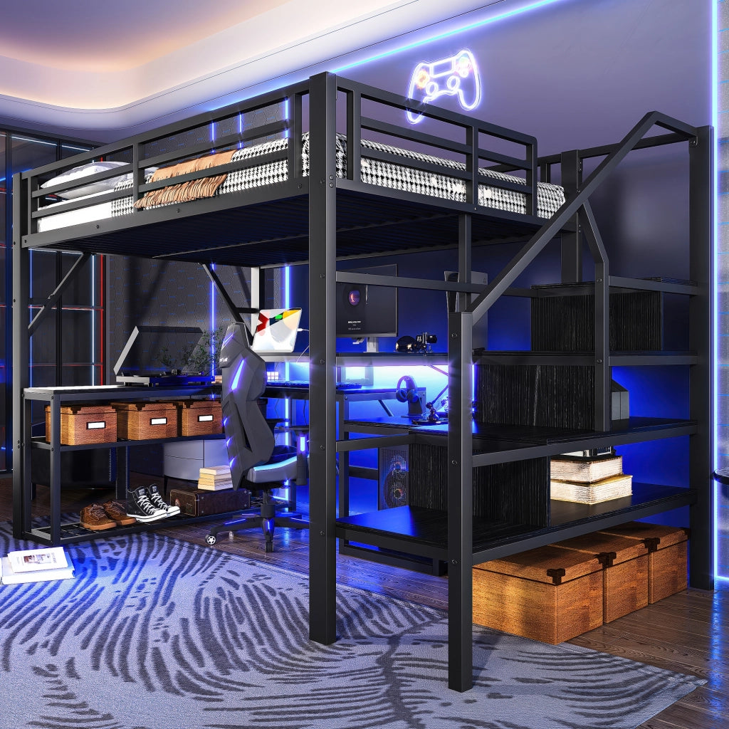 Letto castello 140x200 ferro scala ringhiere LED scrivania USB nero