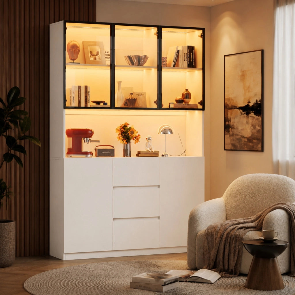 Vetrina in vetro con LED 120x40x200 cm; 3 cassetti; 2 ante; MDF bianco