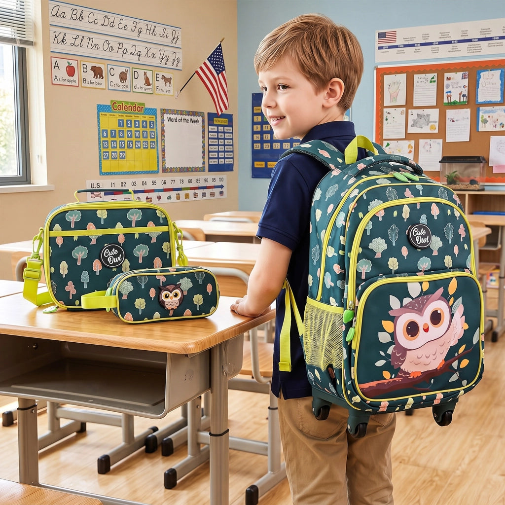 Zaino trolley 3in1 ruote bambini 3+anni unicorno/gufo borsa pranzo astuccio, Trolley maniglia retrattile portabicchieri