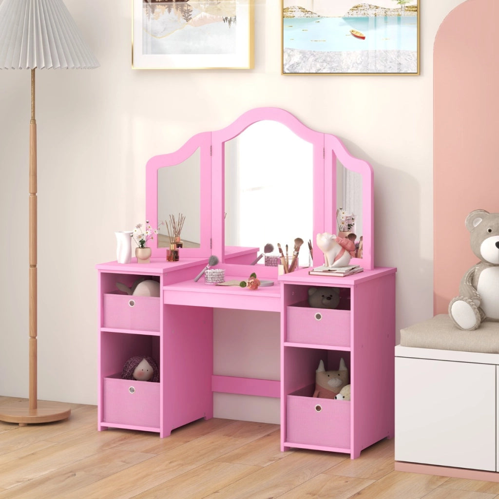 Set toeletta per bambini con specchio a 3 ante rimovibile e 4 cassetti in tessuto, Mobile da trucco per bambini Rosa