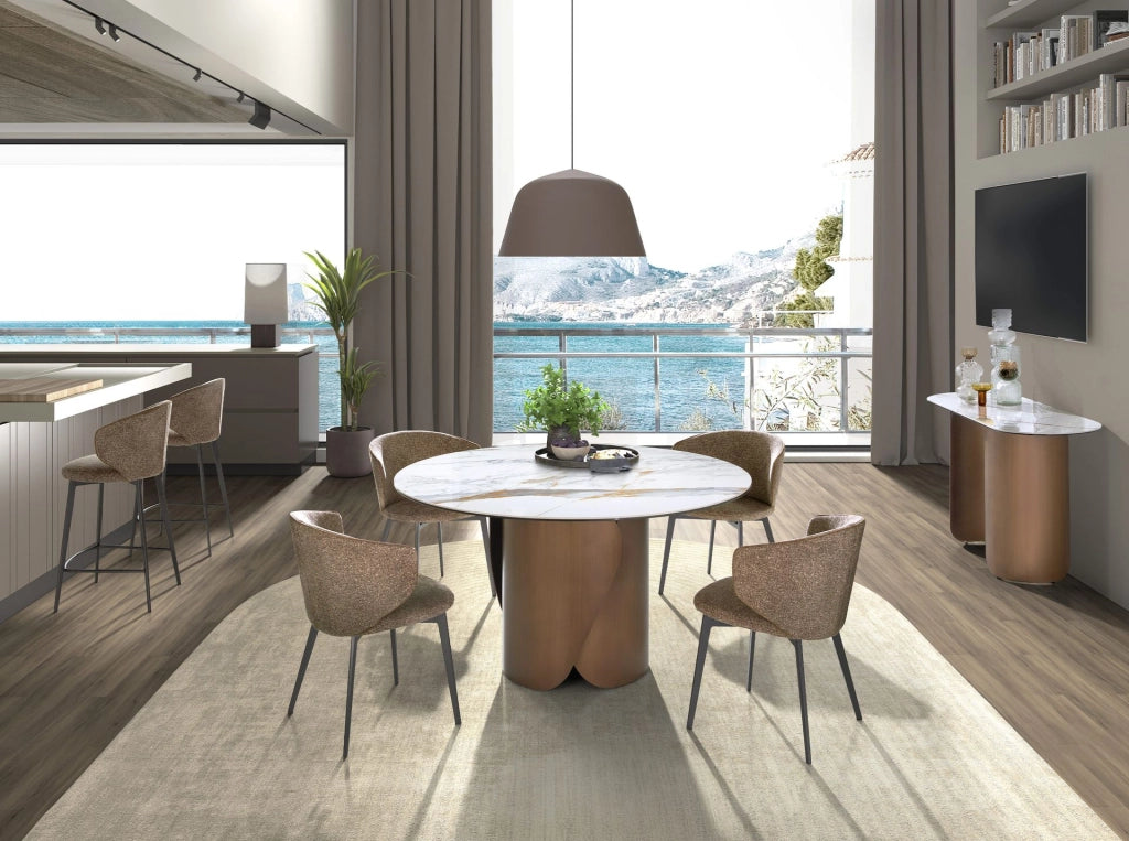 Tavolo da pranzo rotondo in marmo porcellanato e acciaio color bronzo