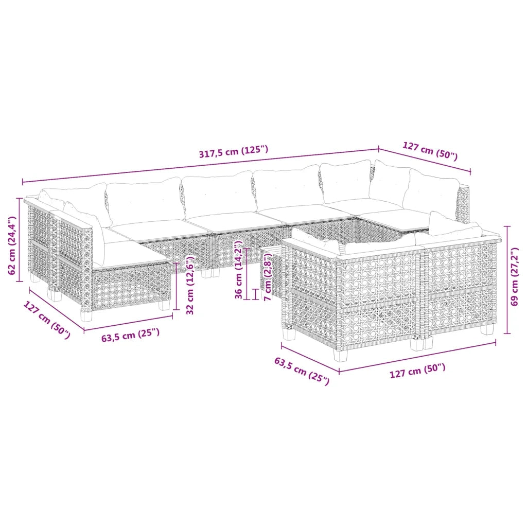 Set Divano da Giardino 10 pz con Cuscini Grigio in Polyrattan 3261999