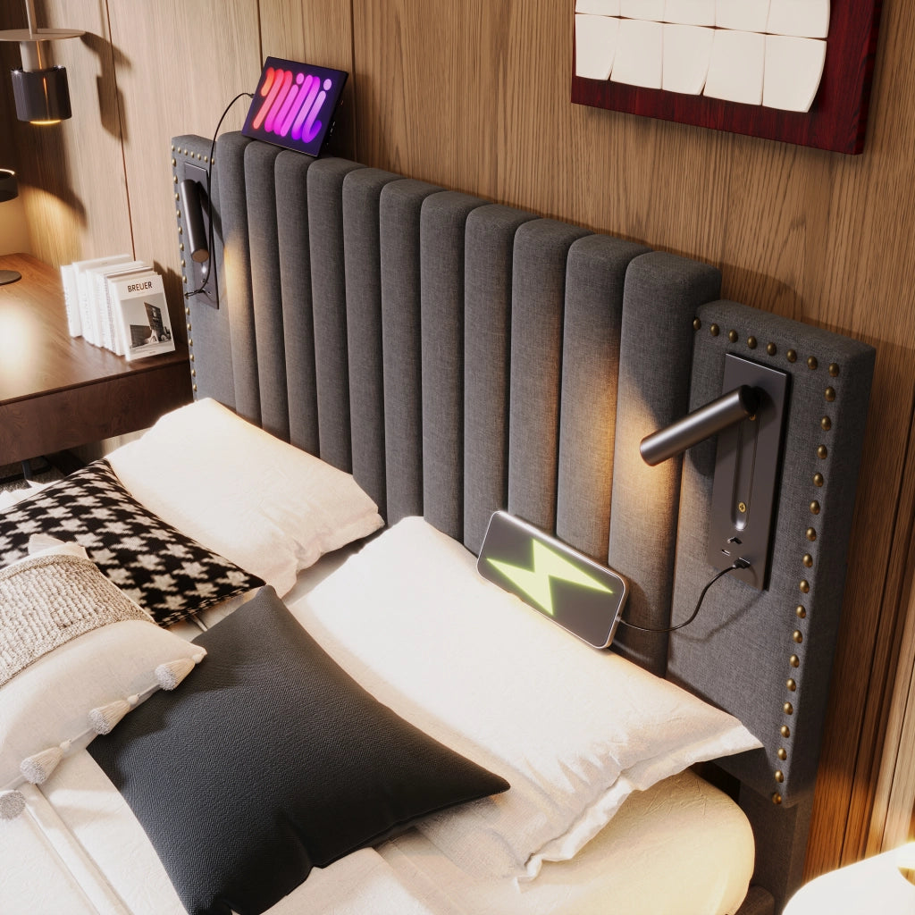 LETTO Contenitore 160x200 cm Grigio in cotone con luce di lettura e USB