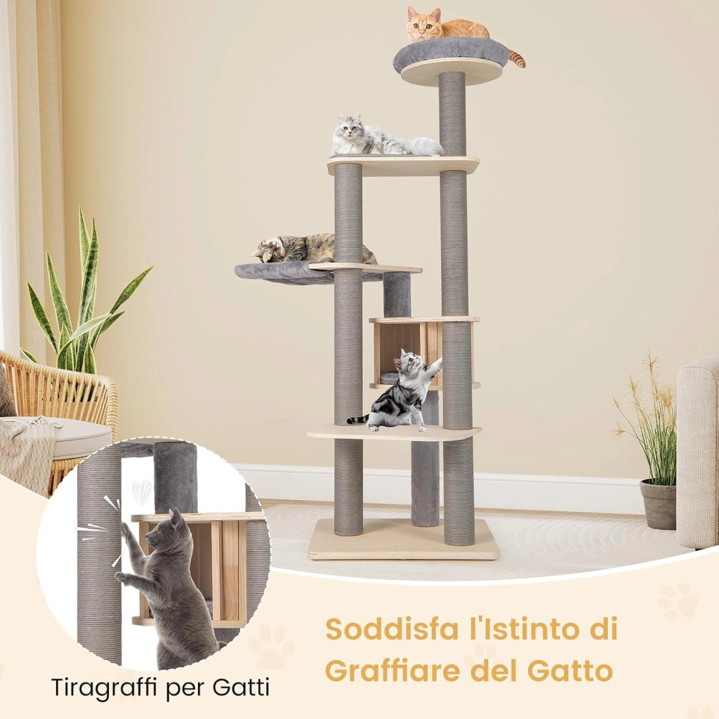 Albero per Gatti Alto 197 cm con Trespolo Imbottito Superiore
Tiragraffi per Gatti con Condominio Privato, Materassini Staccabili, Pali per Graffiare e Amaca Confortevole