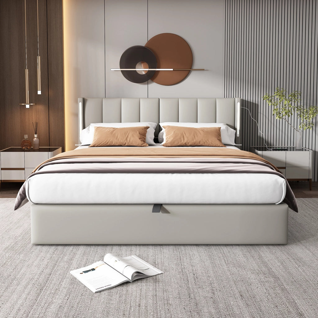 LETTO Imbottito 180x200 cm PU Grigio con LED USB e contenitore