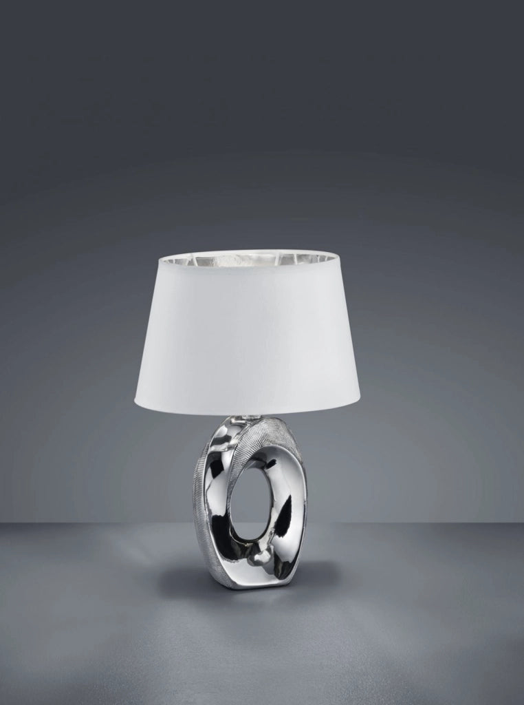 TABA LAMPADA DA TAVOLO BASE CERAMICA ARGENTO CON PARALUME BIANCO E ARGENTO H.33CM 1 LUCE ATTACCO E14