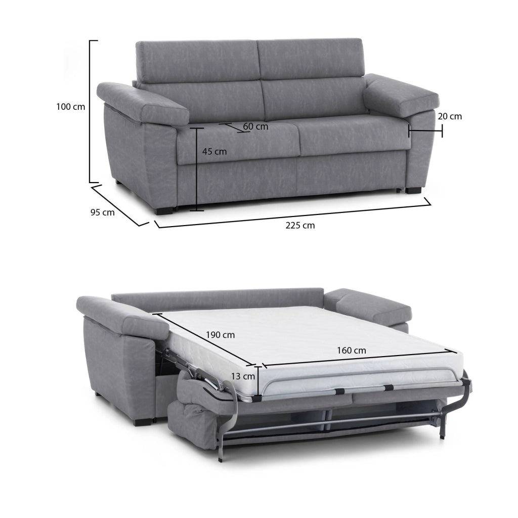 Trino, Divano Letto 3 Posti Sfoderabile Made in Italy, 225x95 cm Grigio