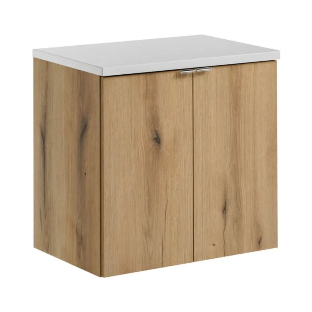 Set da bagno sospeso VANO in rovere e bianco 60cm: mobile sotto lavabo con armadietti + piano per lavabo