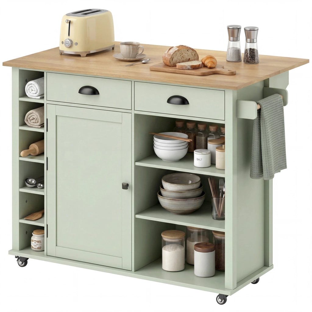 Armadio da Cucina con Ruote, Anta con Ripiani e 2 Cassetti ¨C Zephmum ¨C 117.5x70x91 cm Verde Chiaro