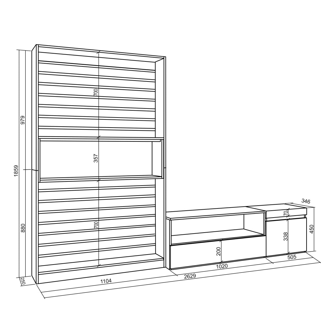 Mobile TV, Soggiorno, 260x35x186cm, Per TV fino a 65", Set di mobili, Bianco e nero RF2541
