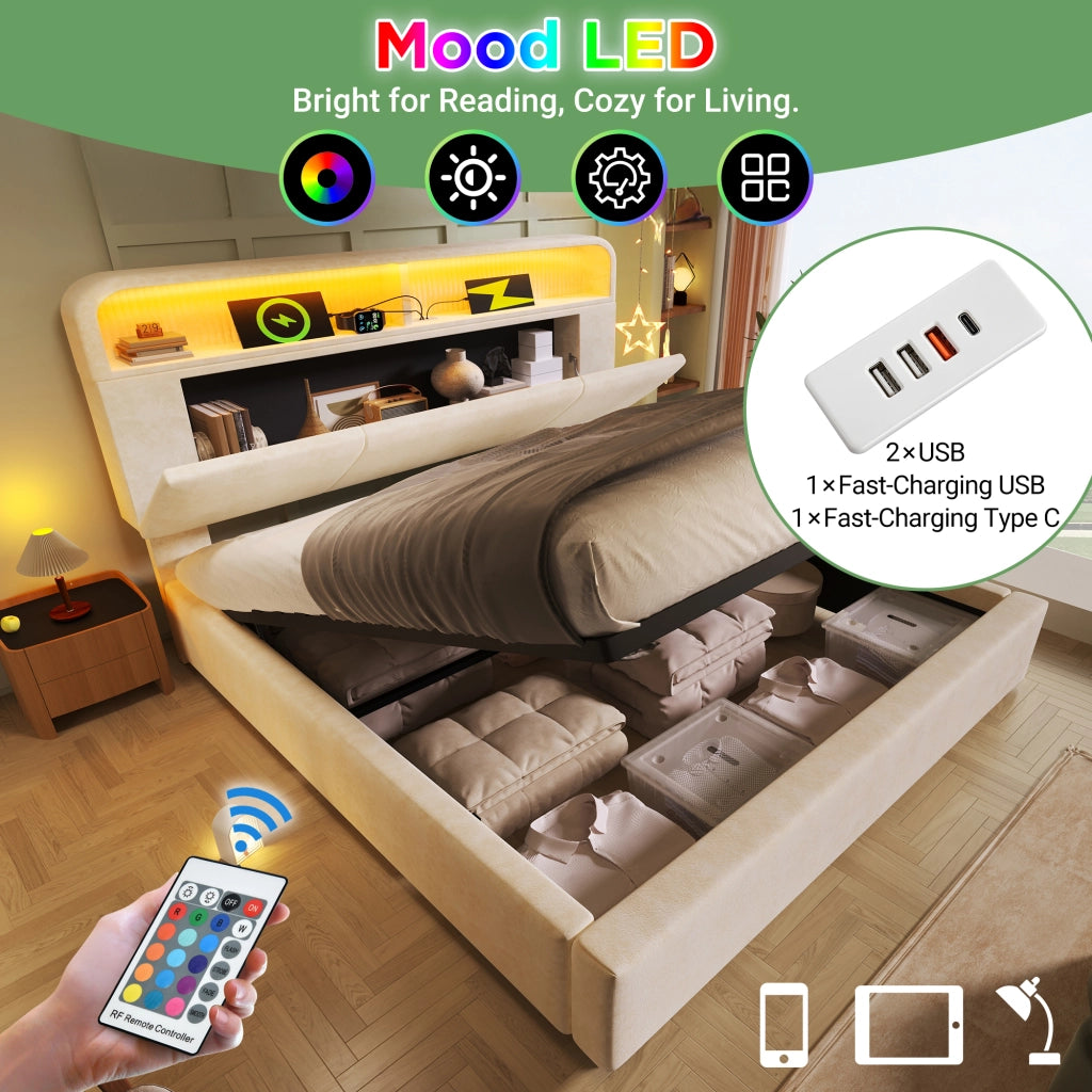 Letto contenitore imbottito 140x190 cm con testiera regolabile e vani; LED; USB; USB-C; rete a doghe; velluto beige