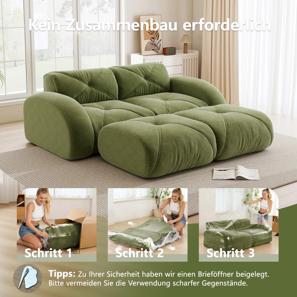 Divano modulare 2 posti con 2 pouf; schiuma 32D; tessuto chenille; verde