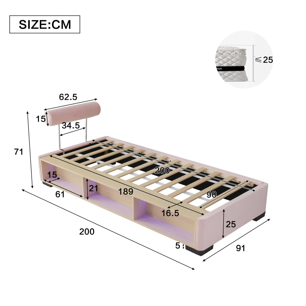 LETTO imbottito Rosa 90x200 cm in velluto con ripiano laterale LED