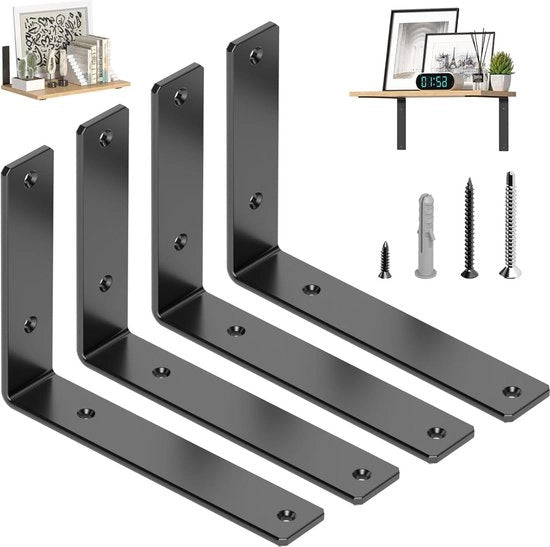 4 supporti per pannelli, 200 x 150 mm, carico pesante, angolo L per pannelli, 5,4 mm di spessore, angolo 90 gradi per fissaggio alla parete, carico di 80 kg, nero