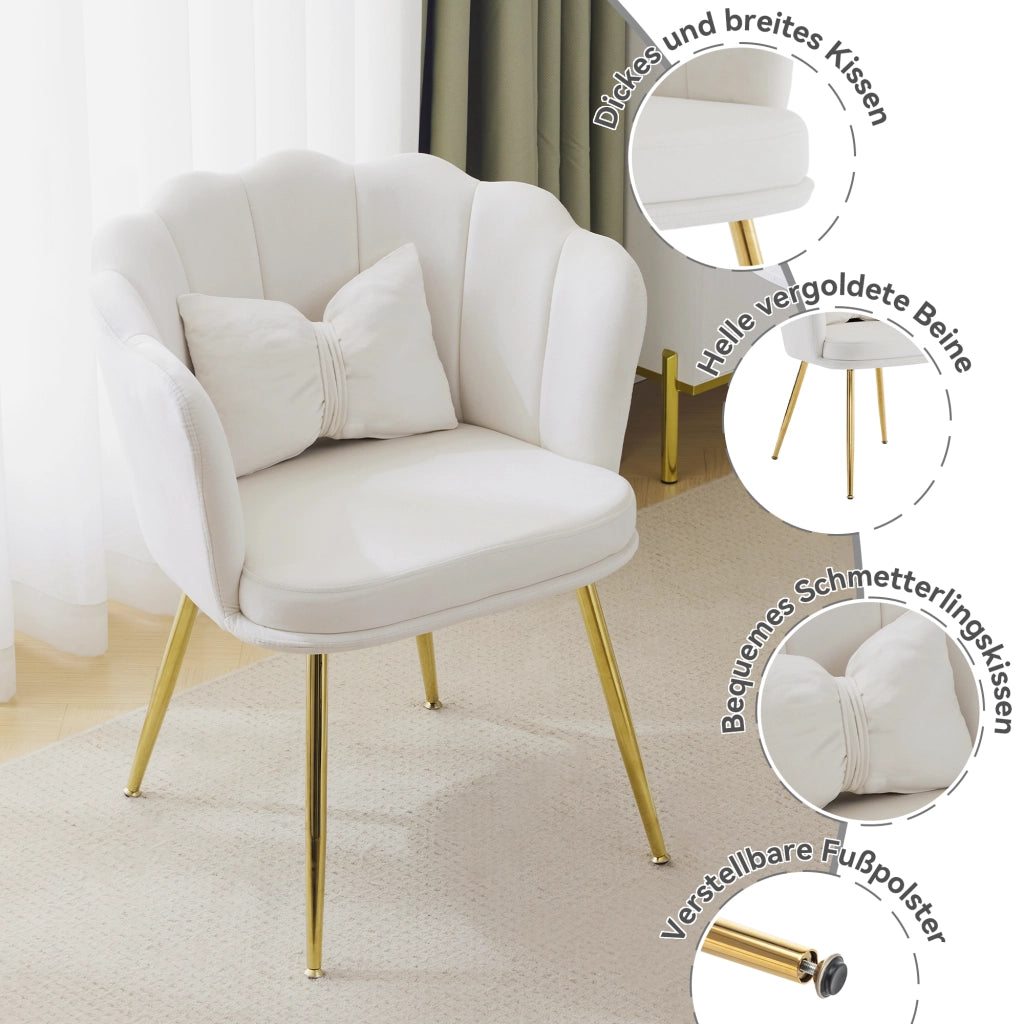 Poltrona con Cuscino Farfalla e Schienale a Petali, Design Ergonomico, in Velluto, Beige