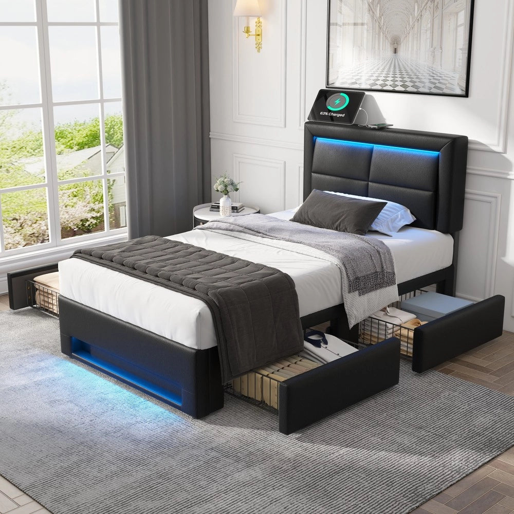 Letto Imbottito con LED e Cassetti ¨C MINIMAL ¨C Similpelle Nero 90x200