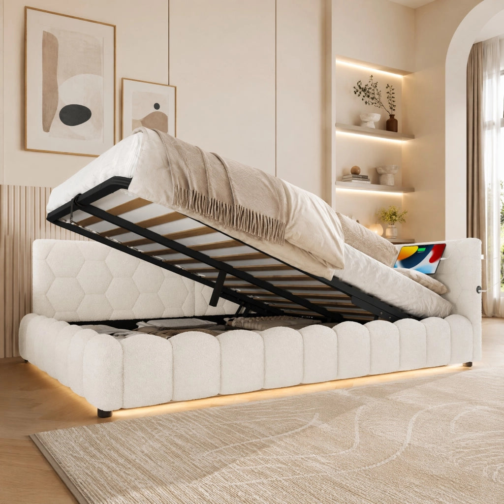 LETTO Contenitore 140x200 cm in velluto bianco con LED, USB e Tipo-C