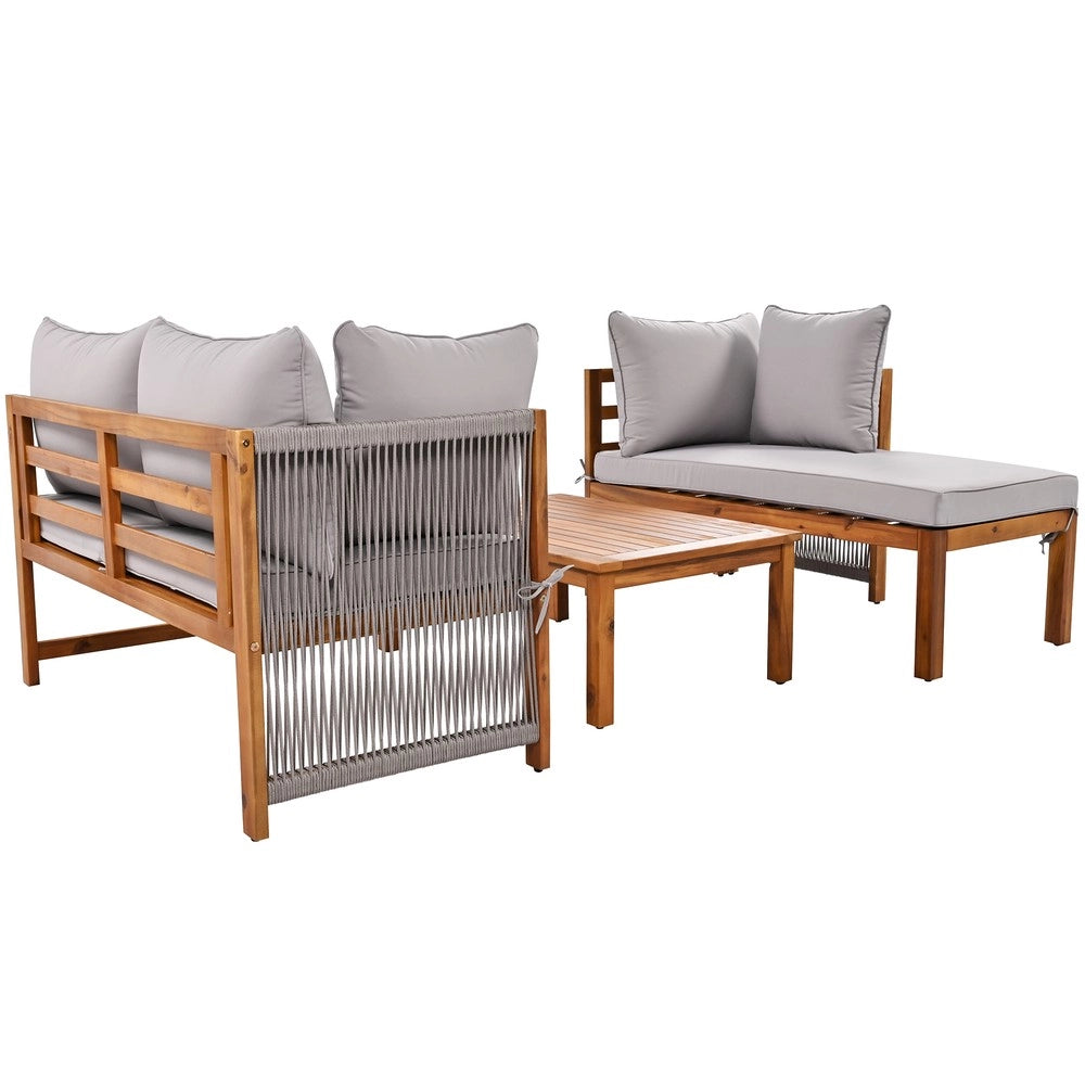 Set da giardino lounge (3 pezzi) - Zephmum- Cornice in acacia, braccioli in corda grigi, gambe regolabili
