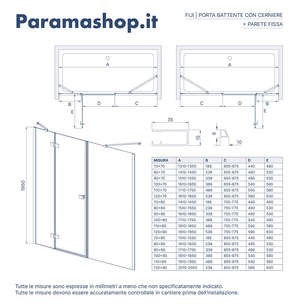 Porta doccia 160cm profili cromati apertura battente a sinistra con cerniere 90cm con parete fissa da 70cm vetro 8mm trasparente h195 | Fiji