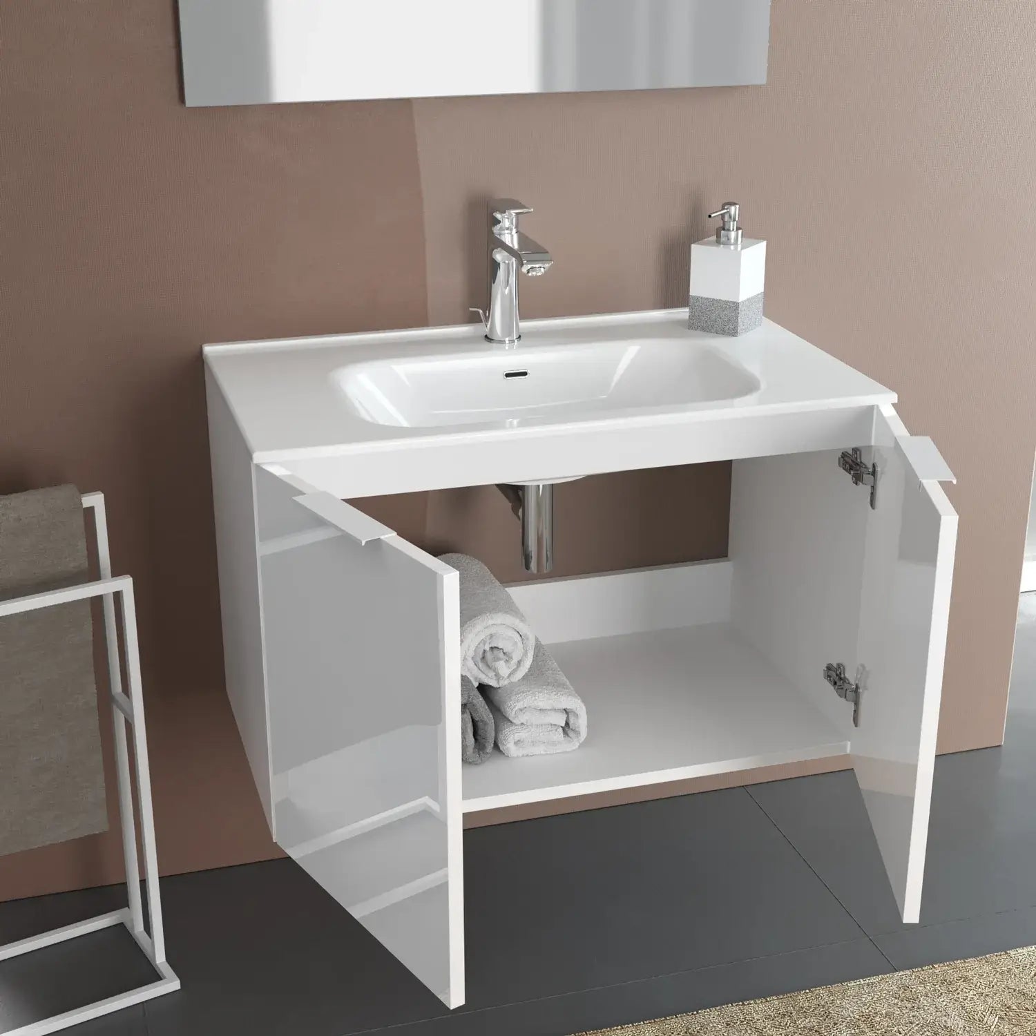 Mobile Bagno 100cm Sospeso Con 2 Ante e Specchio con Lampada - Rovere Miele