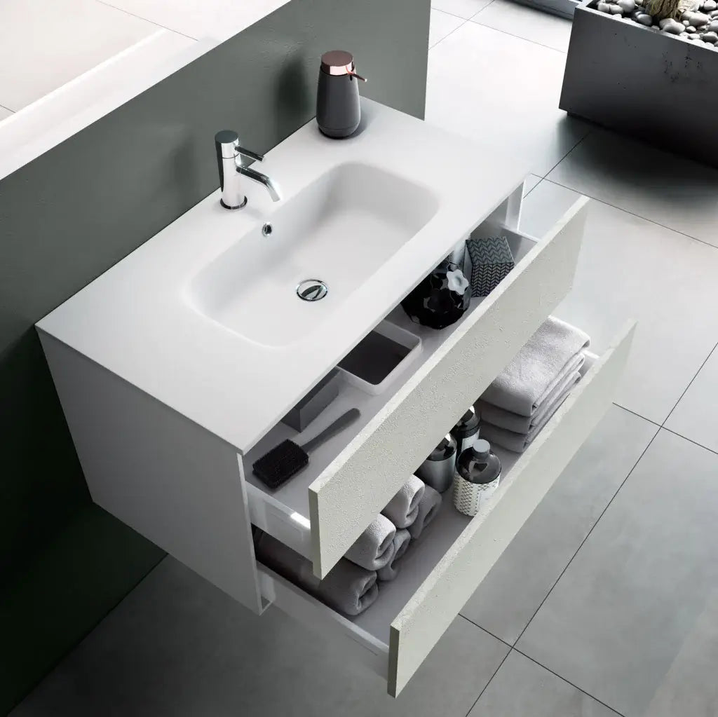 Mobile Bagno 120cm Sospeso Due Cassetti e Specchio Con Lampada - Blu Effetto Pietra
