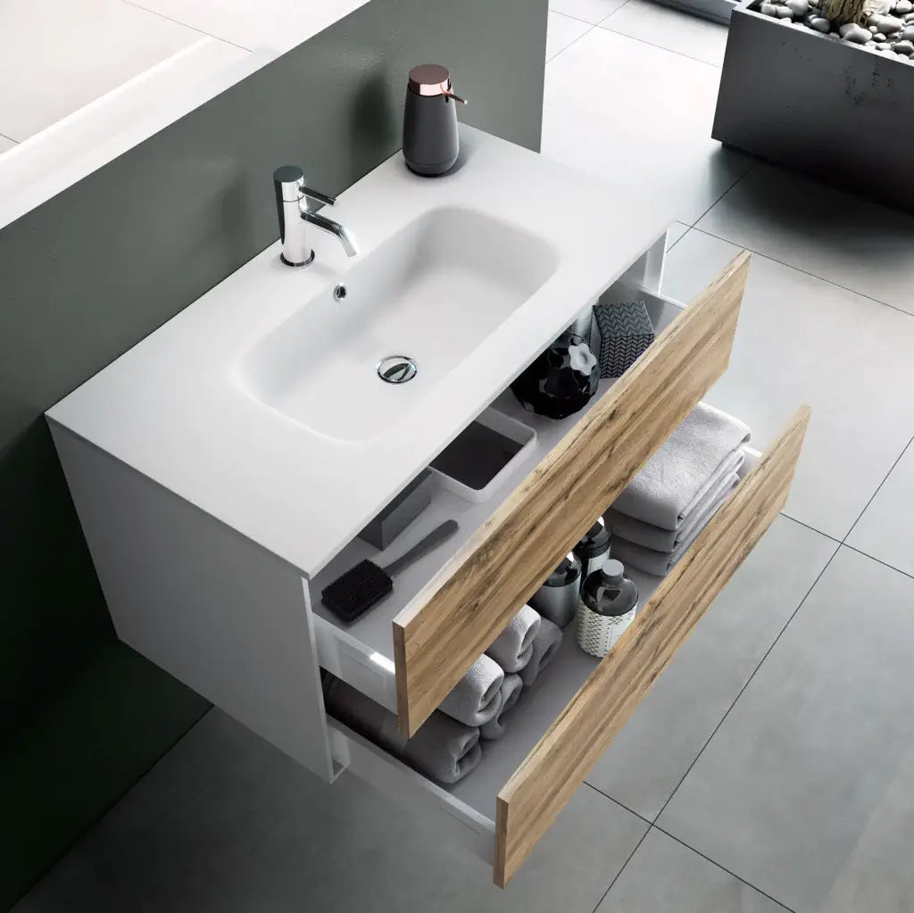 Mobile Bagno 60cm Sospeso Due Cassetti e Specchio - Cemento
