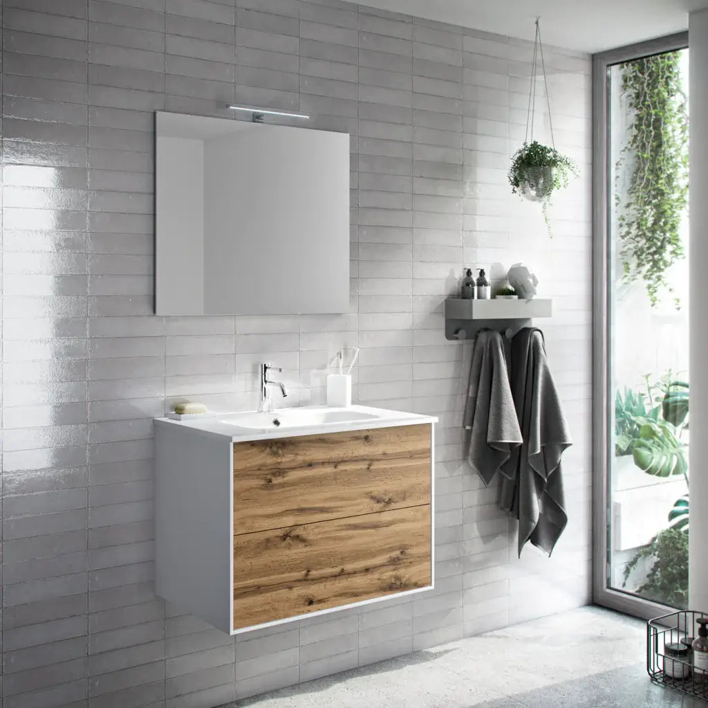 Mobile Bagno 60cm Sospeso Due Cassetti e Specchio - Rovere Miele