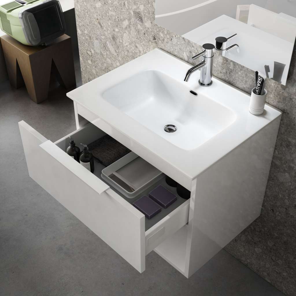 Mobile Bagno 60cm Sospeso Con Cassetto, Vano E Specchio - Rovere Miele