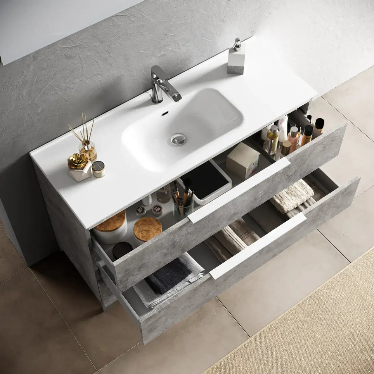 Composizione Bagno 80cm Sospesa Con Due Cassetti E Specchio Con Lampada - Testa di Moro