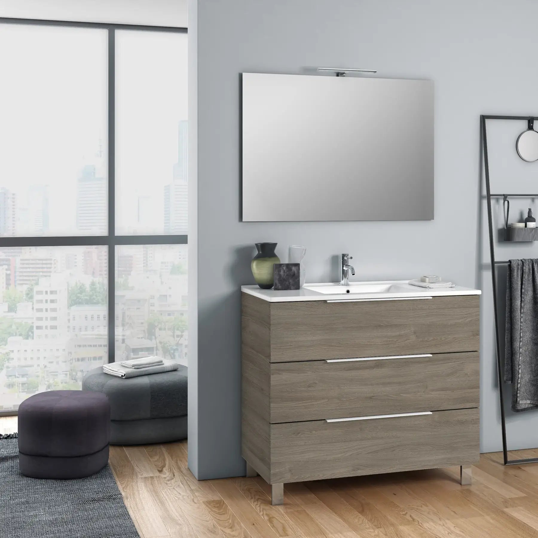Composizione Mobile Bagno 80cm a Terra Con Tre Cassetti e Specchio - Rovere Cenere