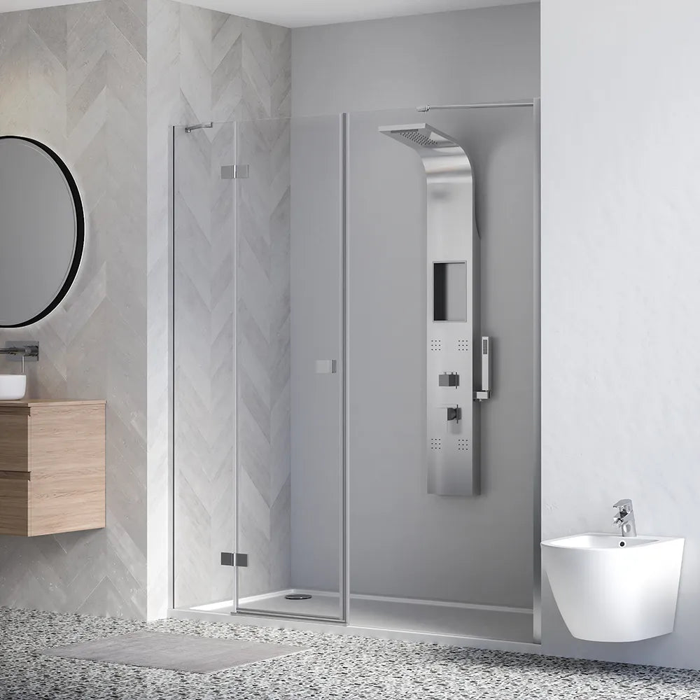 Porta doccia 160cm profili cromati apertura battente a sinistra con cerniere 90cm con parete fissa da 70cm vetro 8mm trasparente h195 | Fiji