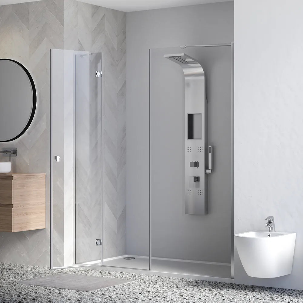 Porta doccia 160cm profili cromati apertura battente a sinistra con cerniere 90cm con parete fissa da 70cm vetro 8mm trasparente h195 | Fiji