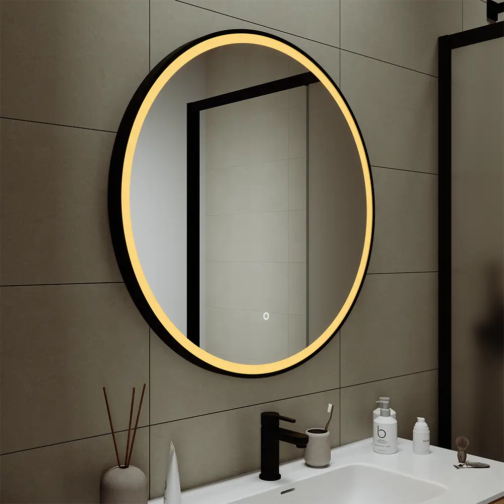 Specchio led tondo Ã˜ 60 cm con cornice nero opaco e sensore touch-screen